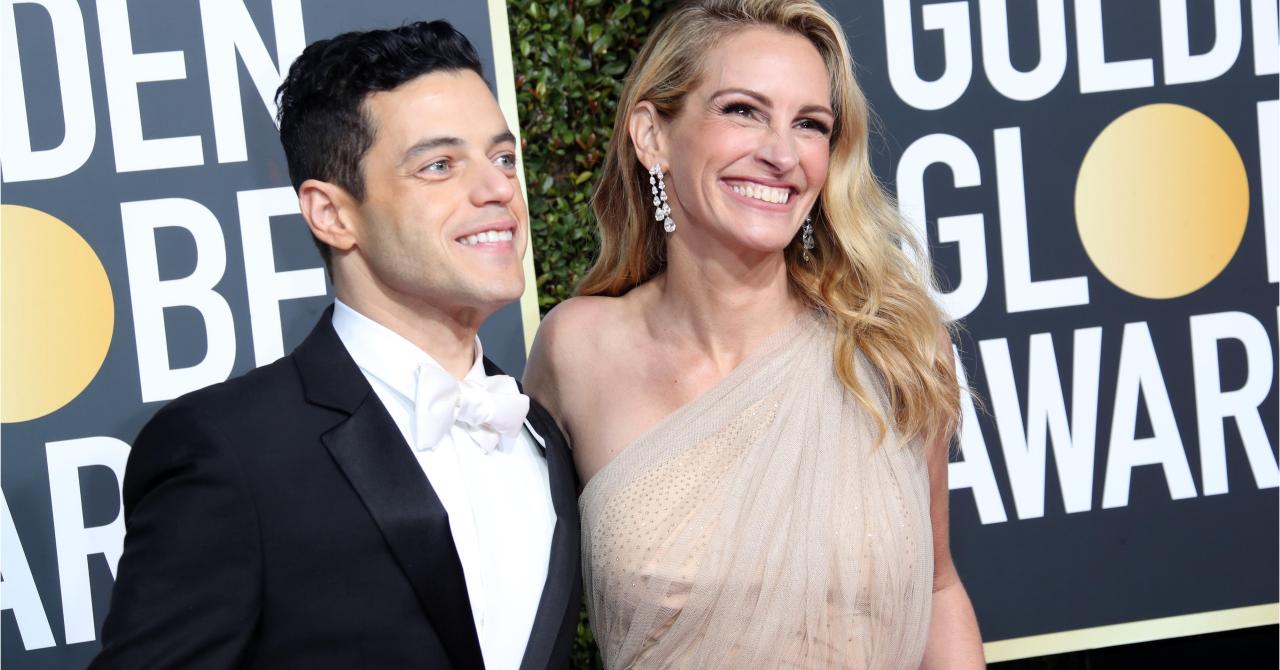 Les plus belles photos des Golden Globes 2019 : Rami Malek (meilleur acteur pour Bohemian Rhapsody) et Julia Roberts